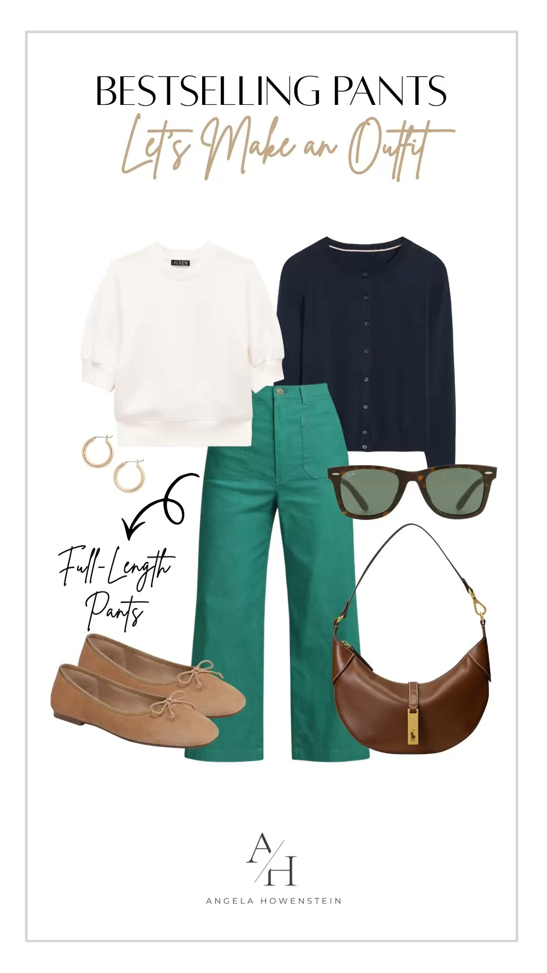 Green full length pants outfit with navy cardigan and white top. 

#LTKootd #LTKOver40