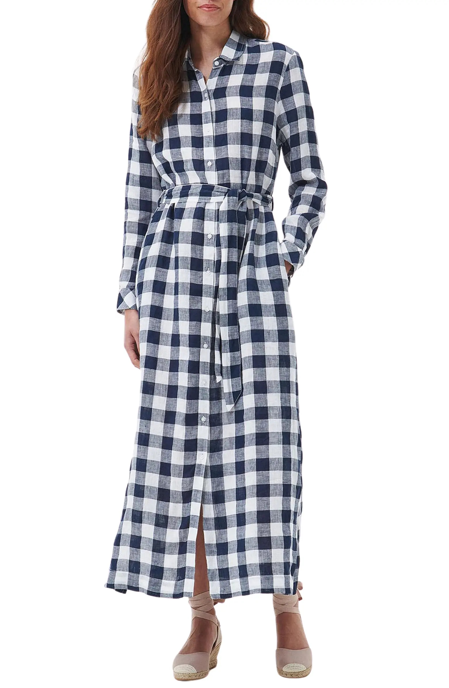 Marine Plaid Tie Waist Long Sleeve Linen Shirtdress | Nordstrom