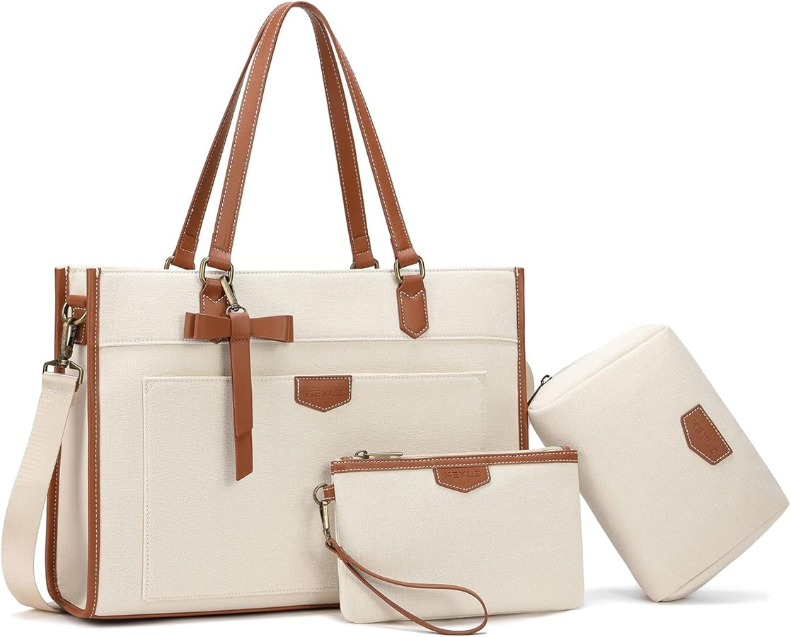 Keyli 3pcs Laptop Bag for Women,15.6 Inch Canvas Tote Bag Work Bags Large Business Computer Brief... | Amazon (US)