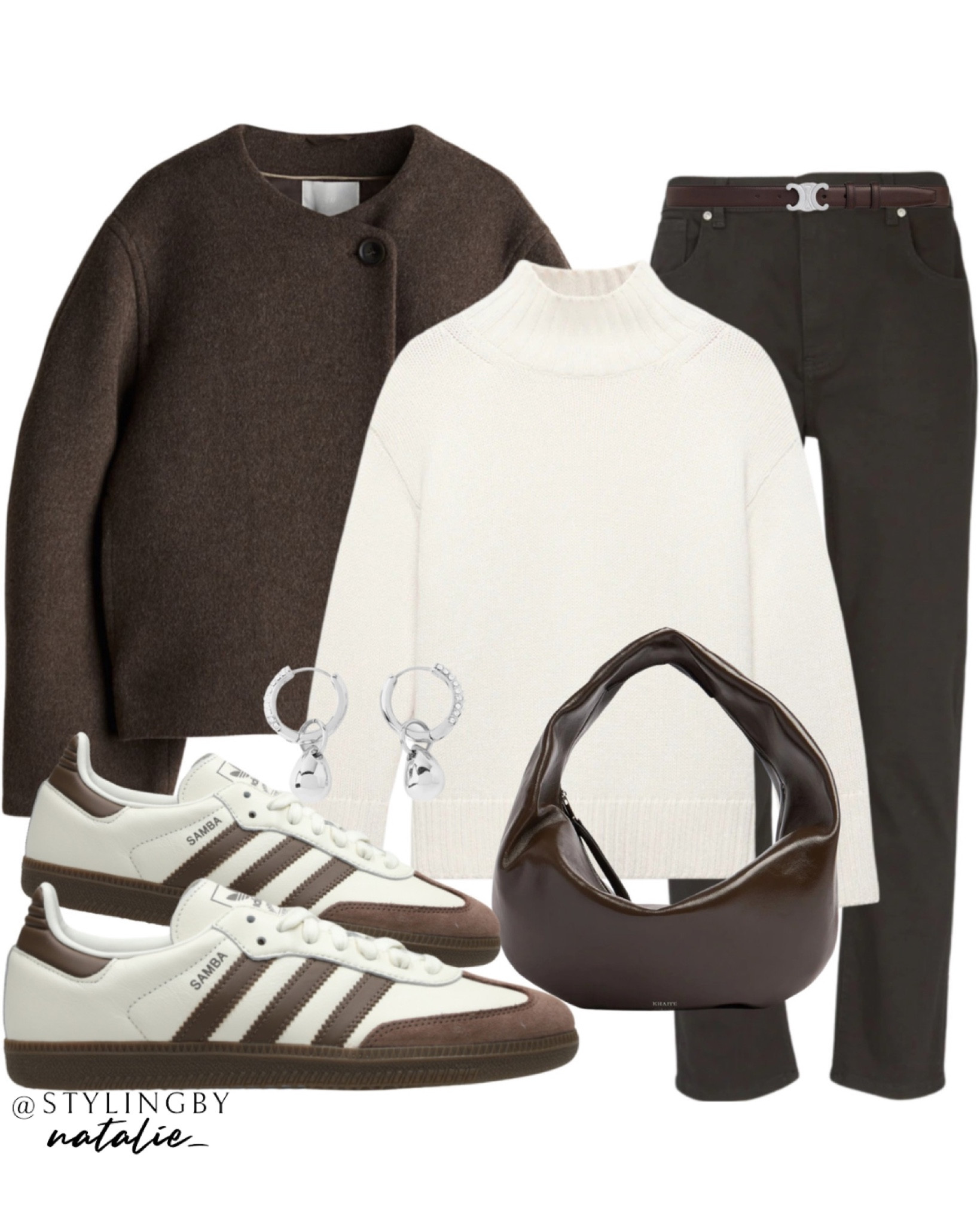 Brown wool-blend jacket, mid rise black straight jeans, cream wool jumper, celine belt, brown Adidas samba trainers, silver earrings & leather tote bag.
Knitwear, autumn outfit, sneakers, black jeans, turtleneck, sweater, casual outfit.

#LTKuk #LTKeurope #LTKstyletip