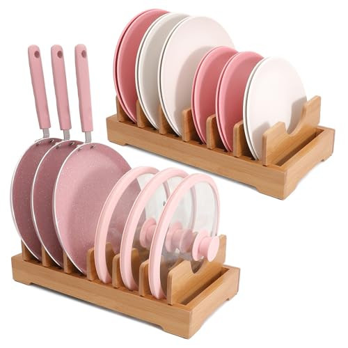 XiaoyuziTF Bamboo kitchen storage rack - adjustable lid rack, suitable for cabinet storage, perfect for pots, pans, cutting boards, baking pans, plates, etc- Keep the kitchen clean and tidy | Amazon (US)