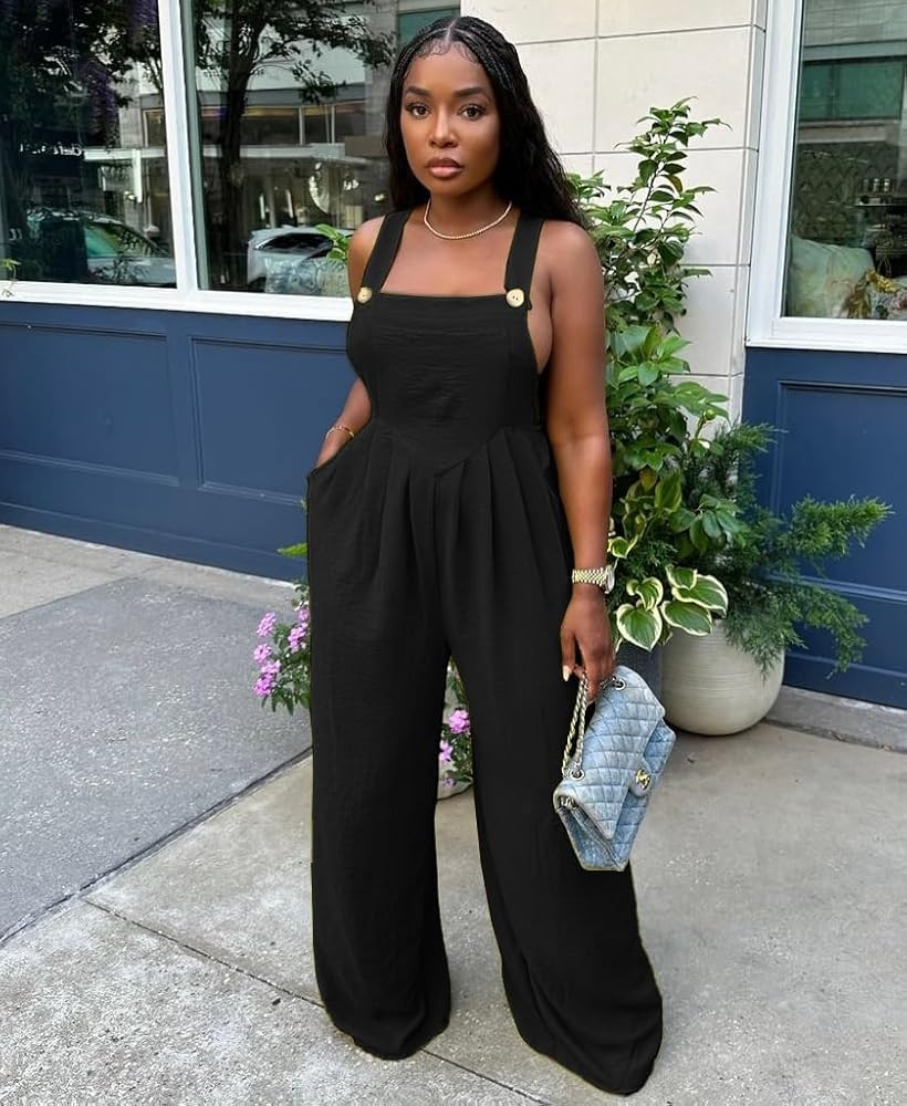 Amazon.com: Women's Jumpsuits Summer Rompers Sling Sleeveless Wide Leg Casual Overalls Jumpers Wi... | Amazon (US)