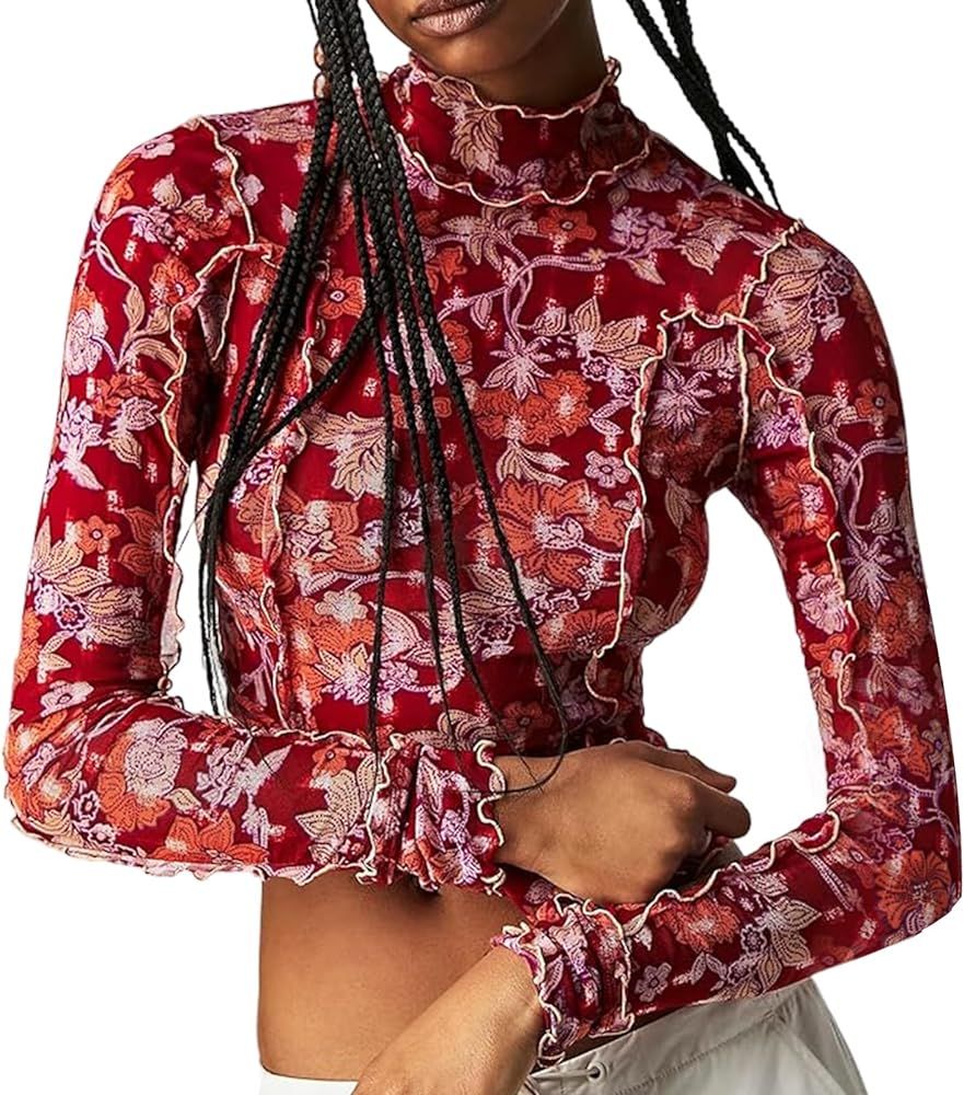 Yimoon Women's Long Sleeve Floral Mesh Top Mock Neck See Through Sheer Y2K Crop Shirt Tops | Amazon (US)