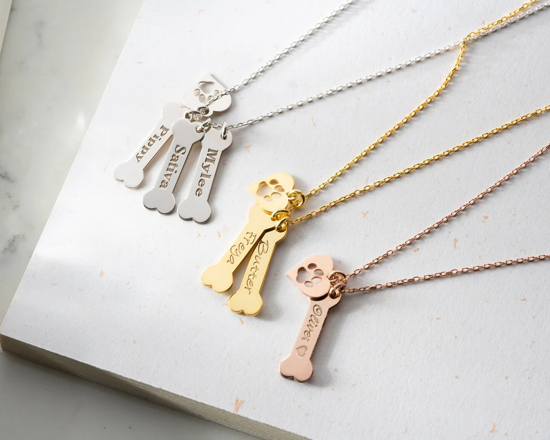 Custom Dog Name Bone and Paw Necklace, Dog Lovers Necklace, Dog Bone and Paw Charm Necklace,gift ... | Etsy (US)