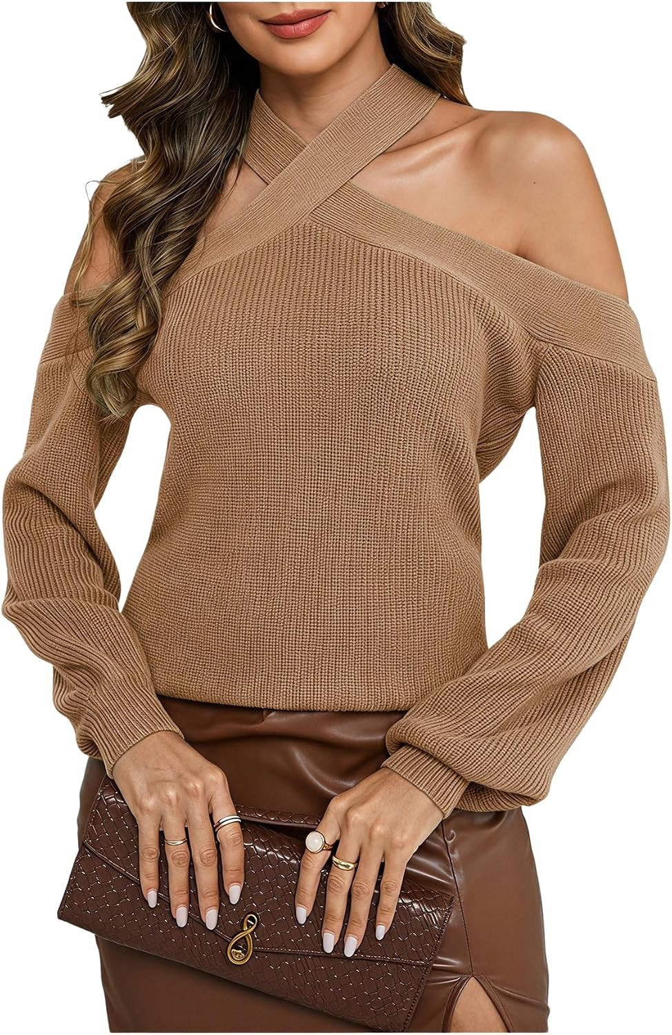 MakeMeChic Women's Off The Shoulder Sweater Halter Criss Cross Pullover Top | Amazon (US)
