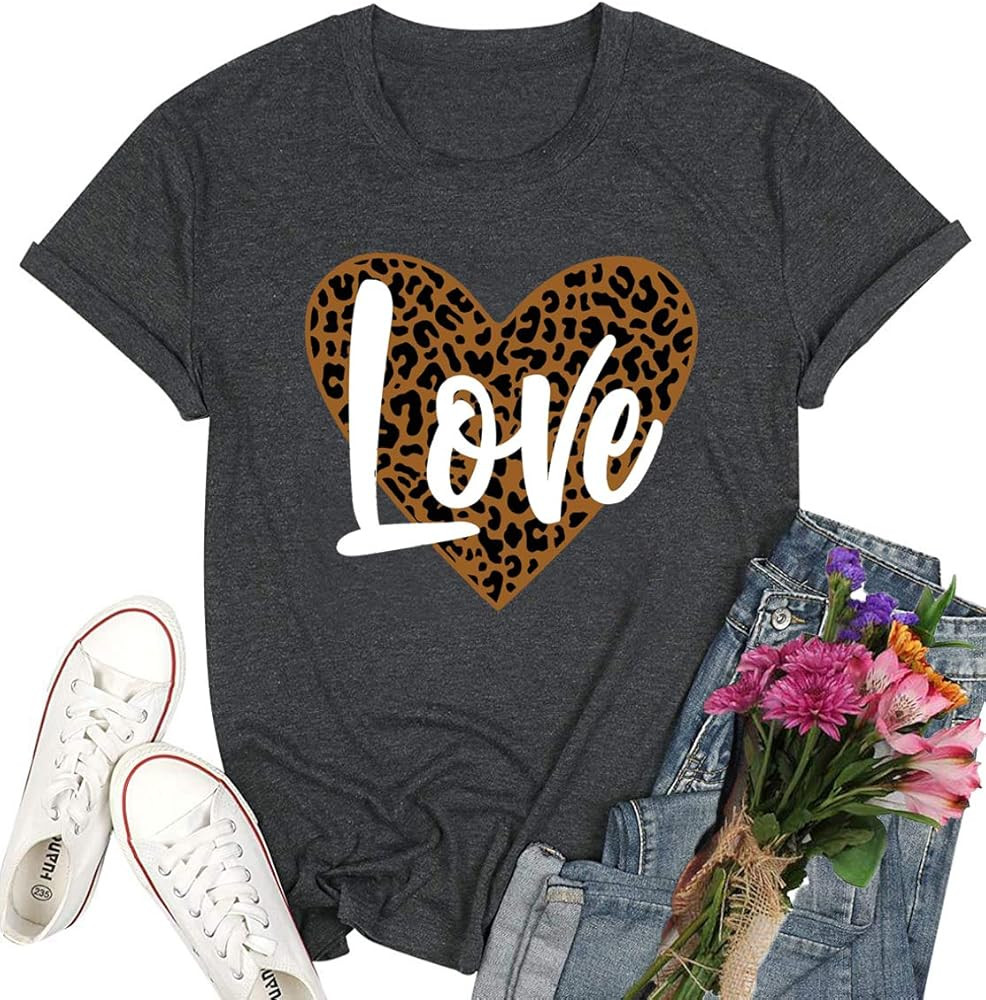 Valentine's Day Shirts for Women Funny Leopard Love Heart Sparkling Graphic Tee Short Sleeve Cute... | Amazon (US)