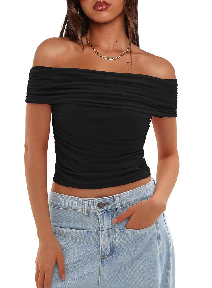 Darong Women Mesh Off The Shoulder Top Short Sleeve Double Lined Ruched Shirts Trendy Going Out T... | Amazon (US)