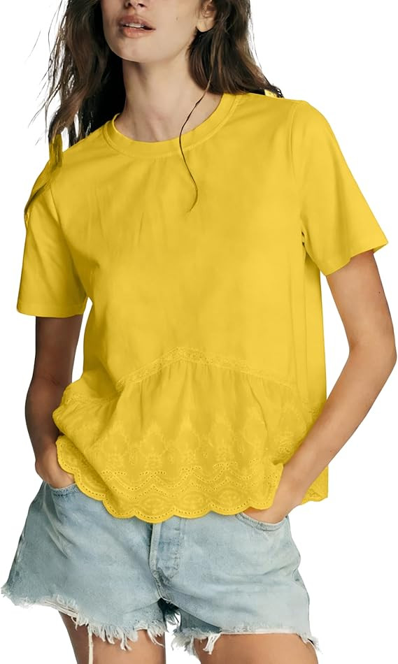 Women's Cropped Babydoll Tops Casual Embroidered Shirts Lace Panel Crewneck Blouse T Shirts Trend... | Amazon (US)