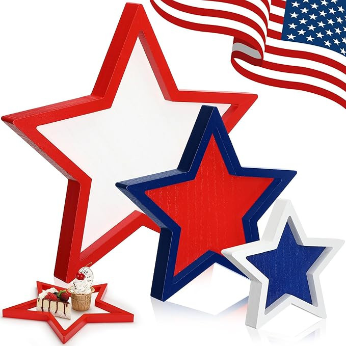 Maxcheck 3 Pcs 4th of July Serving Trays Wood Star Shaped Candy Dishes Red White and Blue Patriot... | Amazon (US)