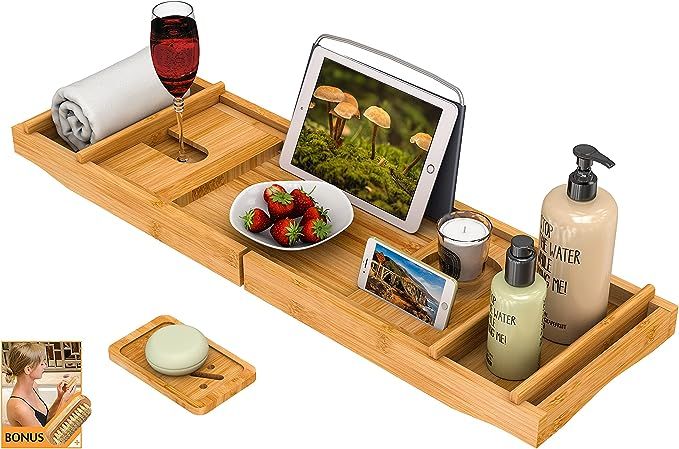 Bath Caddy Tray for Bathtub - Bamboo Adjustable Organizer Tray for Bathroom with Free Soap Dish S... | Amazon (US)