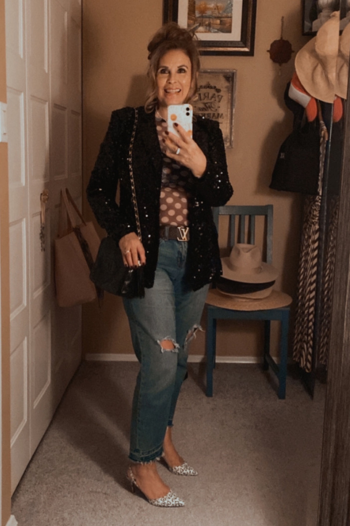 Holiday Outfit. Make it fun this year by mixing sparkly dressy with jeans! Kick it up a notch for the holidays! My vintage Chanel bag and SJP Bliss slingbacks are no long available but I have linked similars.⭐️

#LTKHoliday #LTKshoecrush #LTKstyletip