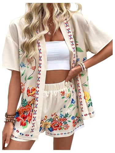 MakeMeChic Women's Women's Boho Tropical Print Beach Vacation Outfits 2 Piece Floral Kimono Tops and Shorts Set Summer Beachwear Apricot Large | Amazon (US)
