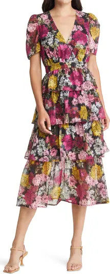 Adelyn Rae Eliza Floral Print Puff Sleeve Tiered MIdi Dress | Nordstrom | Nordstrom