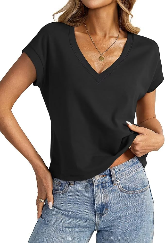 EasyGala Womens Cap Sleeve Crop Tops Cotton V Neck T Shirt Boxy Loose Fit Short Sleeves Tee Summe... | Amazon (US)