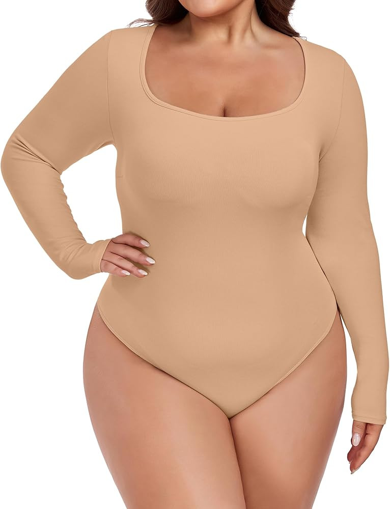 FOREYOND Plus Size Bodysuits for Women Long Sleeve Scoop Neck Bodysuit Sexy One Piece Body Suit T... | Amazon (US)