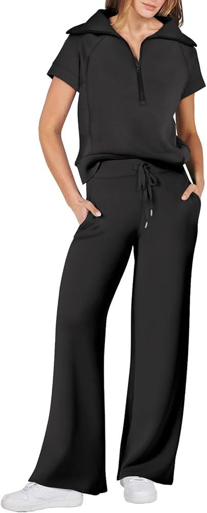 ANRABESS Women 2 Piece Outfits Sweatsuit Summer Half Zip Sweatshirt Wide Leg Pant Sweat Lounge Se... | Amazon (US)