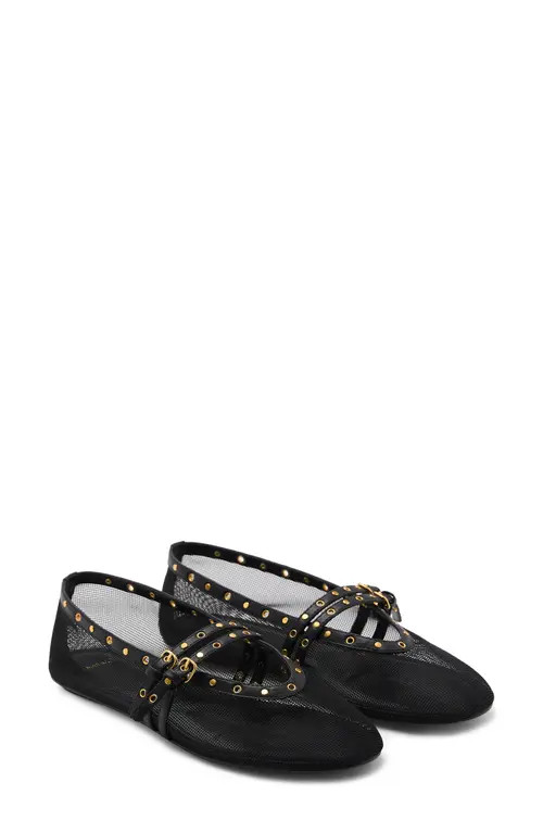 MANGO Studded Buckle Strap Mesh Ballet Flat in Black at Nordstrom, Size 6.5Us | Nordstrom