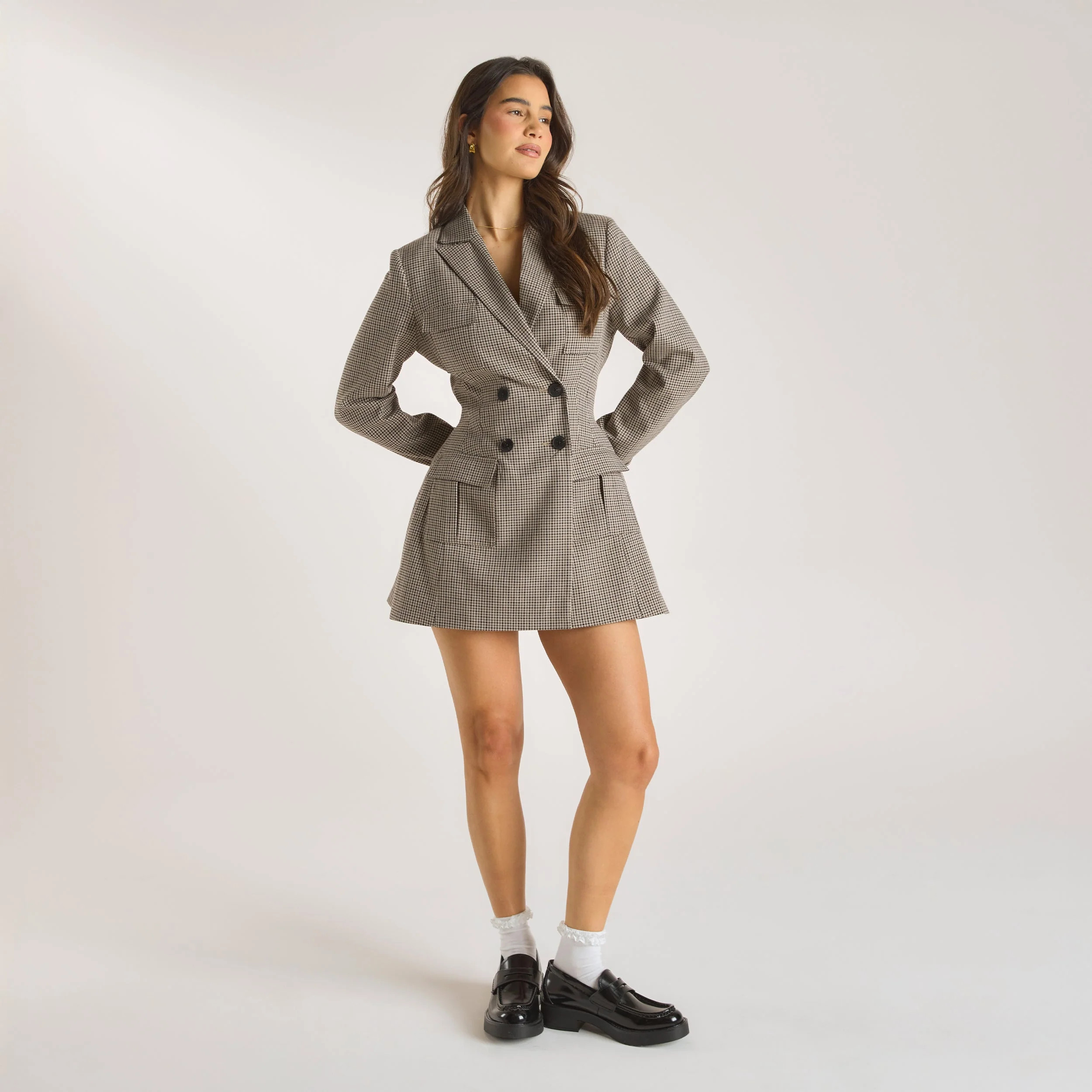 Houndstooth Blazer Dress - Brown | Lounge AUS