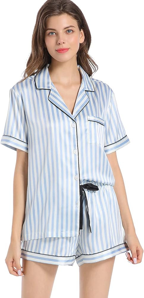Serenedelicacy Women's Satin Pajama Set 2-Piece Sleepwear Loungewear Button Down Short Sleeve PJ ... | Amazon (US)