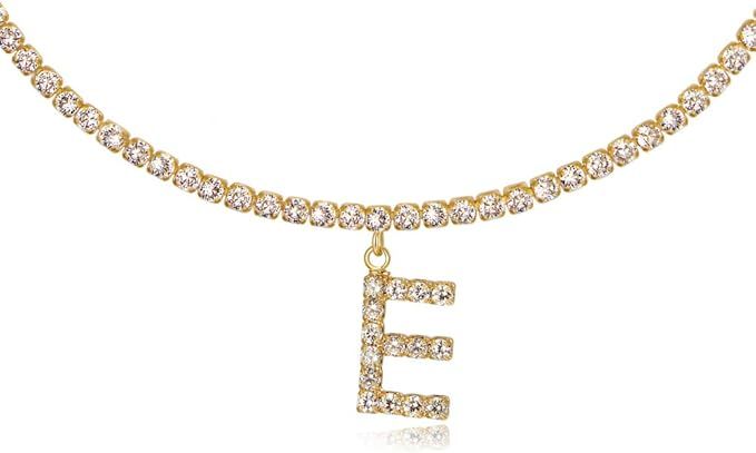 Letter Necklace 14k Gold Plated Tennis Chain Initial Choker Bling Iced CZ Diamond Necklace for Wo... | Amazon (US)