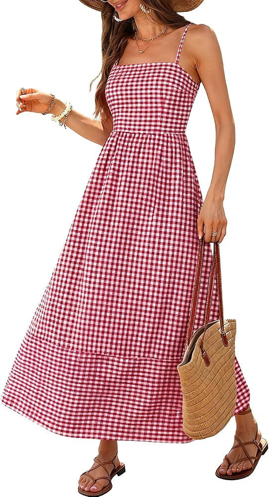 Caracilia Womens Maxi Dresses Gingham Spaghetti Strap Back Smocked Flowy Long Sundress Summer Bea... | Amazon (US)