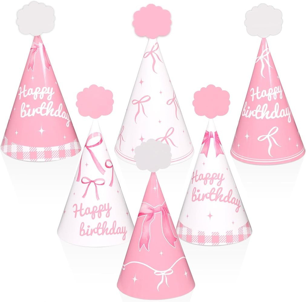 24pcs Pink Bow Party Hats Bows Birthday Supplies Coquette Bow Cone Hat Pink and White Happy Birth... | Amazon (US)