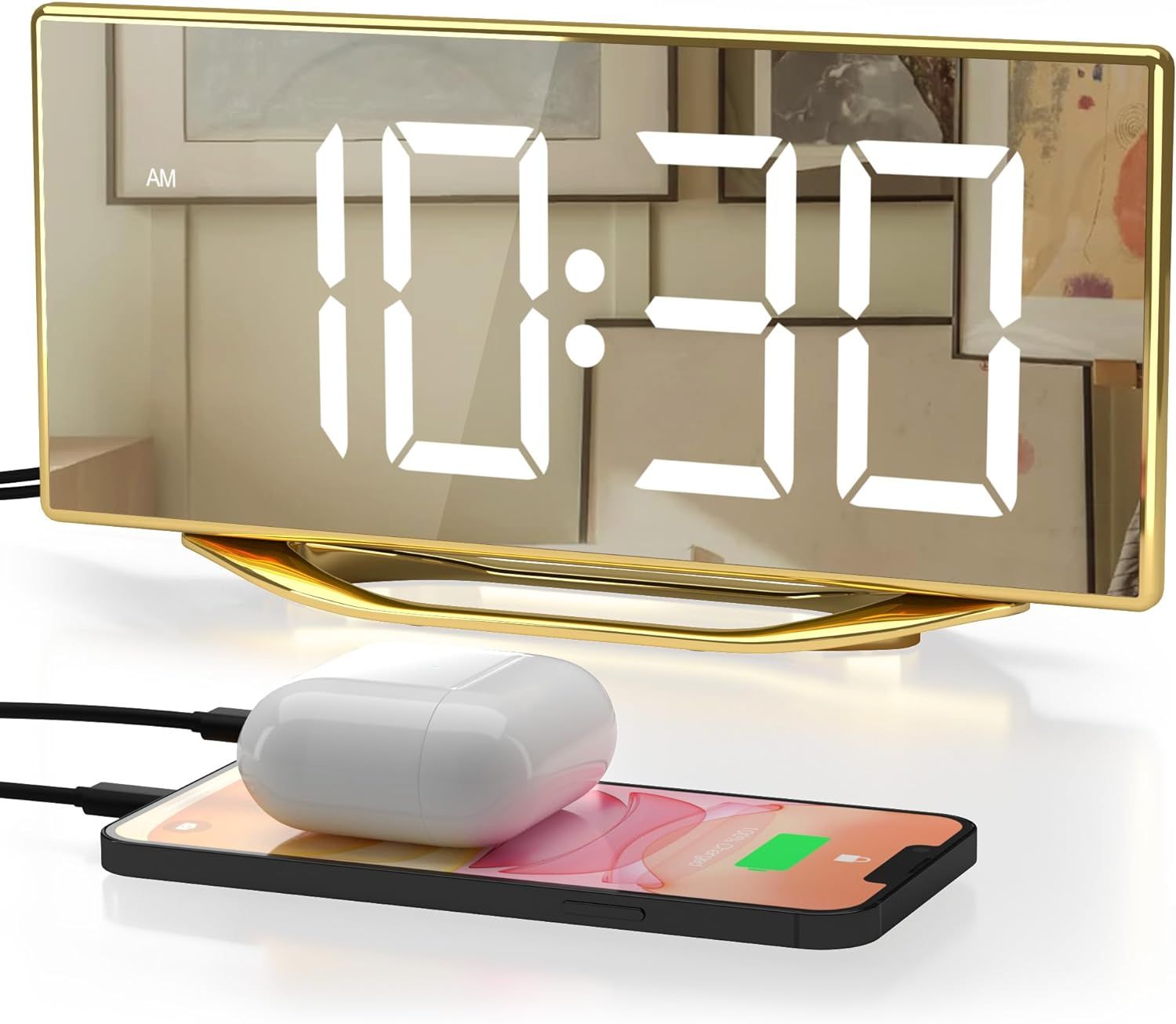 Alarm Clocks for Bedrooms, Gold Digital Clock for Living Room, 8.7" LED Mirror Alarm Clock with U... | Amazon (US)