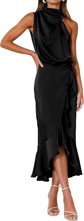 KIRUNDO Women 2025 Summer Fall Satin Mock Neck Wedding Guest Party Cocktail Midi Dress Sleeveless... | Amazon (US)