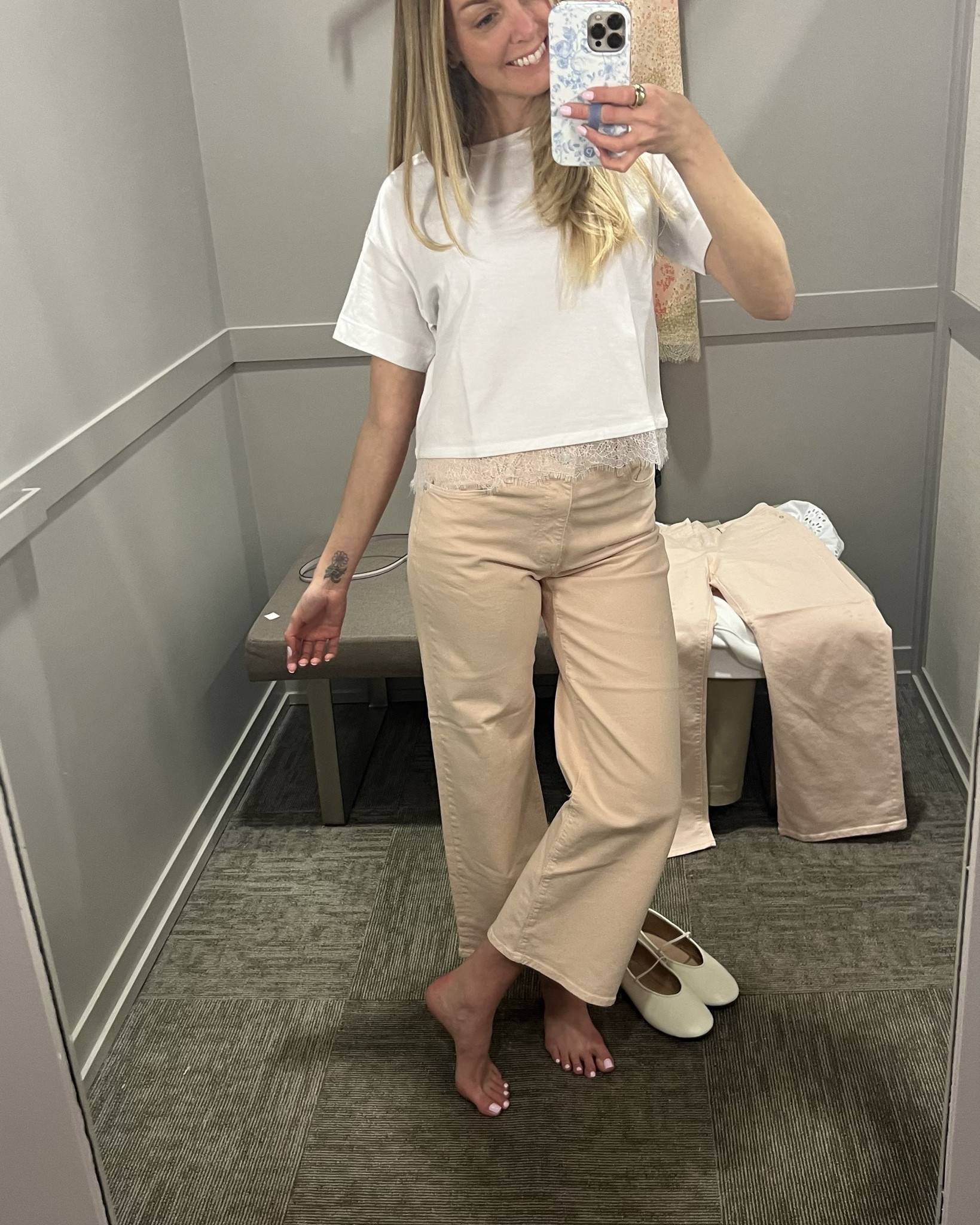 My new favorite jeans! These are such a pretty pale pink. Wide leg cropped but great for tall girls. Wearing size 2. Go down one size.

My tshirt has lace trim and it’s so darling. Wearing size extra small. 

My skirt is size extra small and is fully lined. It’s got a matching lace trim camisole too! 

Loft sale