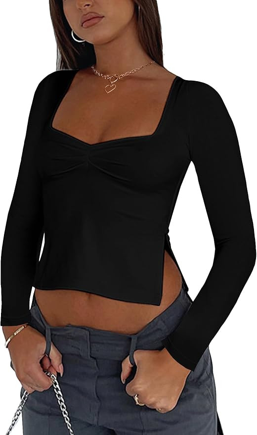 Women's Sexy Square Neck Long Sleeve Crop Tops Ruched Front Split Side Going Out Top Shirts | Amazon (US)