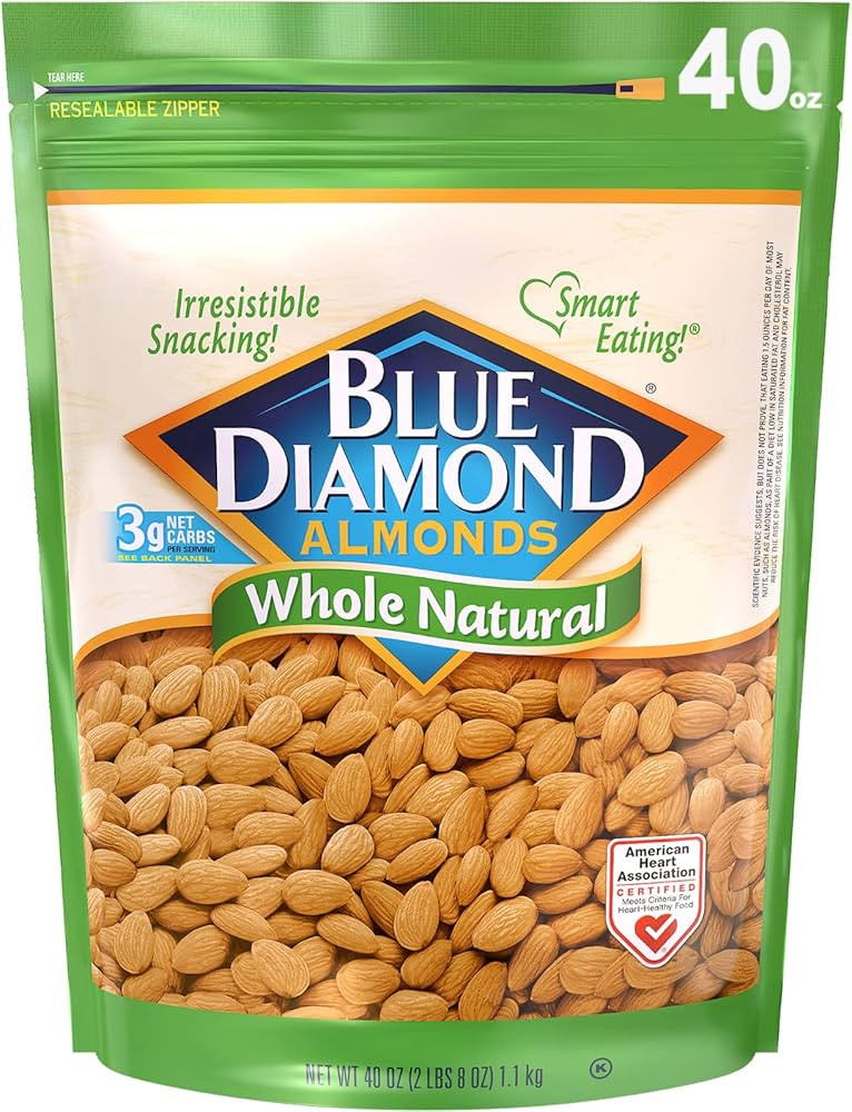 Blue Diamond Almonds Whole Natural Raw Snack Nuts, 40 Oz Resealable Bag (Pack of 1) | Amazon (US)