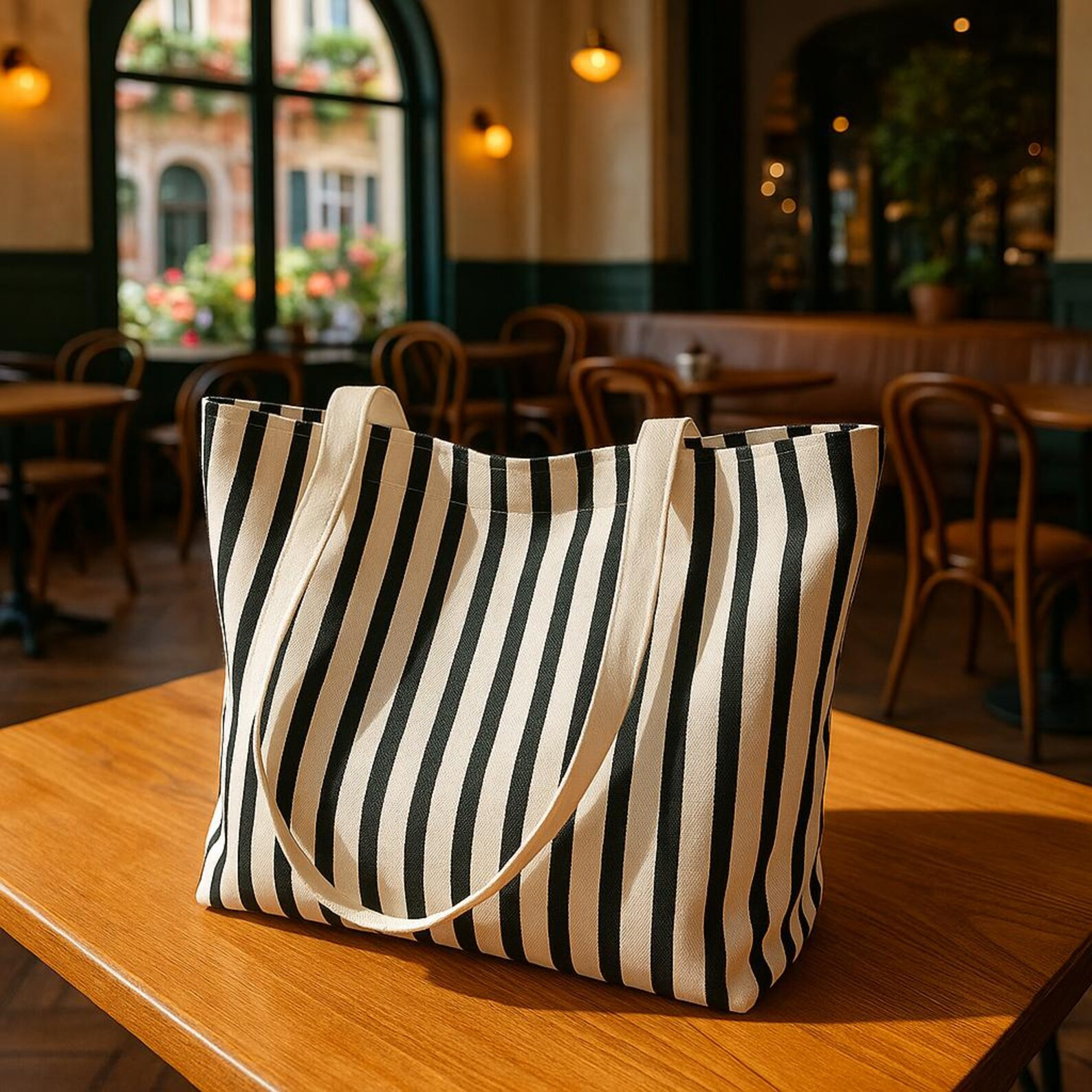 Large Black and White Striped Canvas Beach Tote Bag With Handles, Stylish Oversized Shoulder Bag,... | Etsy (US)