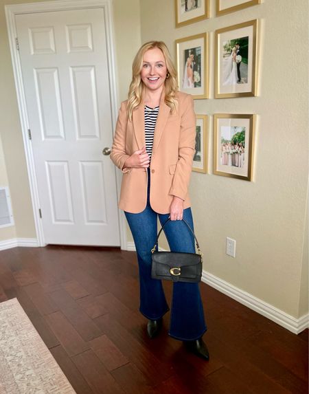 Wearing a 26P in pants and XSP in blazer | winter outfit, camel blazer, casual winter outfit, flare jeans 

#LTKstyletip #LTKfindsunder100 #LTKSeasonal