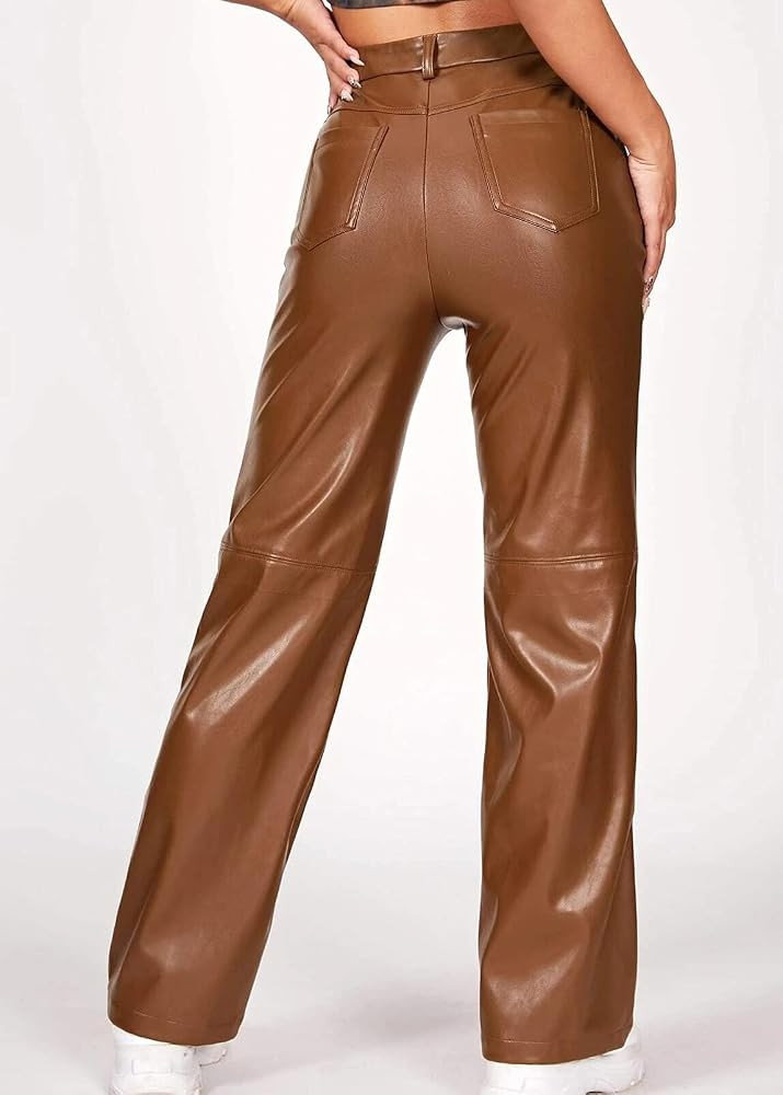 Sofkiny Women's Black Faux Leather Straight Leg Trousers High Waist PU Leather Pants | Amazon (US)