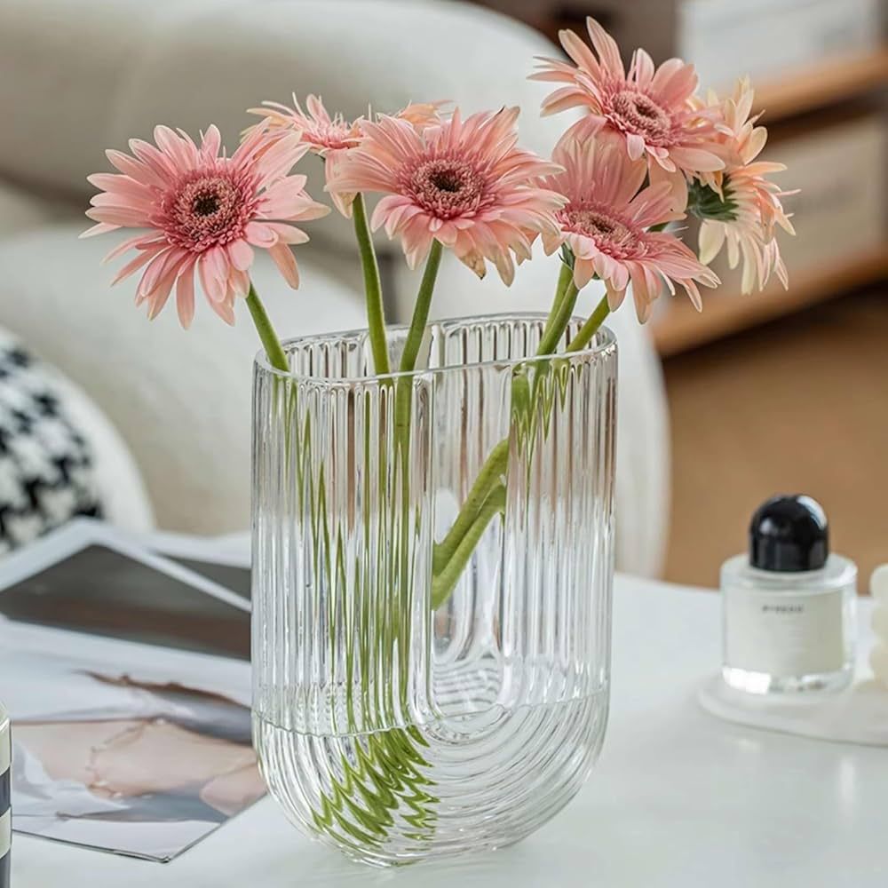 Clear Ribbed Glass Flower Vase, 7" H Modern Small Vase, Ellipse U Shaped Fluted Striped Decorativ... | Amazon (US)