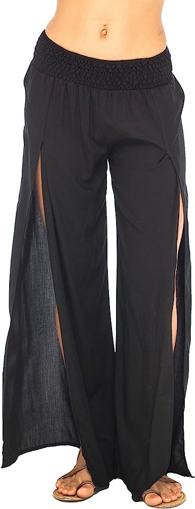 Womens Palazzo Pants Wide Leg Loose Beach Pants with Slit Boho Swimsuit Cover Up | Amazon (US)