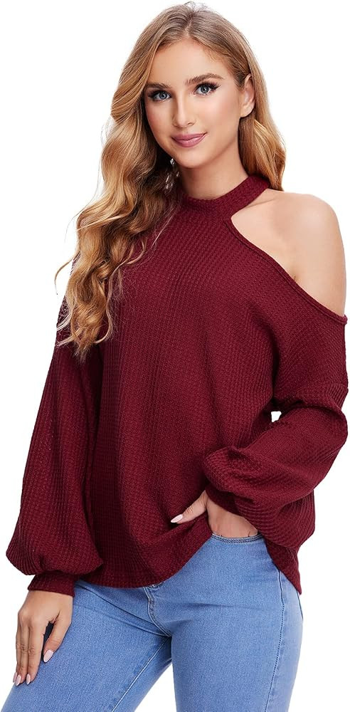 Romwe Women's Waffle Knit Tunic Tops Cold Shoulder Long Sleeve Loose Blouse Shirts | Amazon (US)