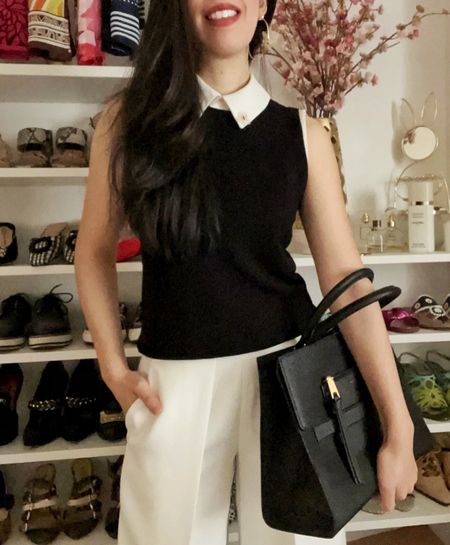 A simple black and white look that also works well for your every day outing. I’m wearing one of my favorite sweater vests on top of my collar top and pleated culottes. 

#LTKworkwear #LTKstyletip #LTKitbag