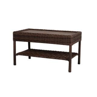 Hampton Bay Cambridge Brown Rectangular Wicker Outdoor Patio Coffee Table with Faux Wood Table To... | The Home Depot