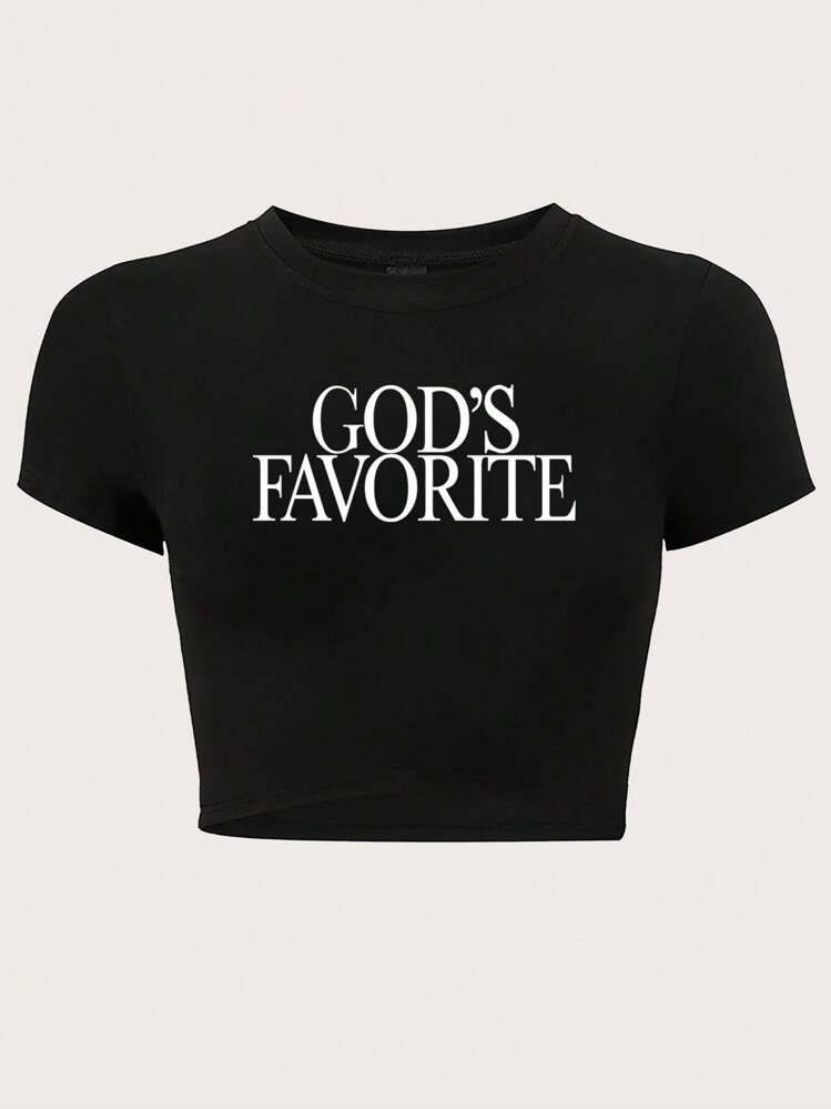 SHEIN TRNDY Women Simple Printed Crop Top Slim Fit T-Shirt GOD'S FAVORITE Graphic Tees Women Tops | SHEIN