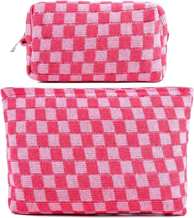 ZLFSRQ 2Pcs Checkered Makeup Bag for Women Large Capacity Pink Cosmetic Bag Set Travel Makeup Pou... | Amazon (US)