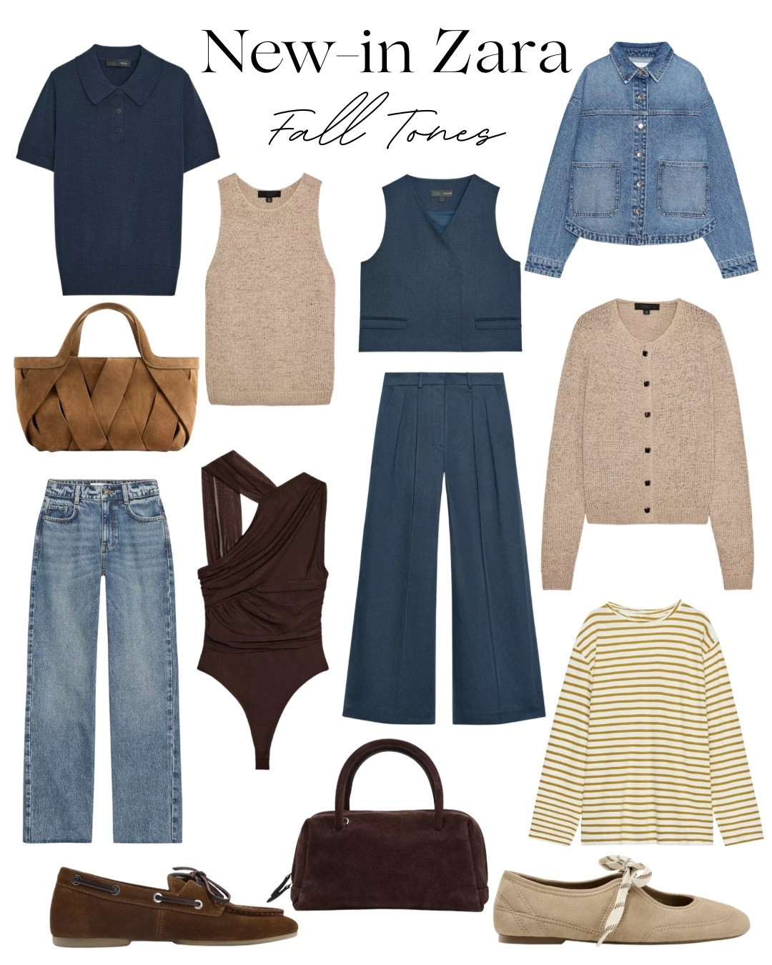 New-in Zara edit - fall tones for early autumn and late summer 🍂

Tags: straight leg jeans, blue trousers, cropped vest, navy waistcoat, jean jacket, beige cardigan, knit tank, navy polo, leather loafers, suede ballet flats, brown suede handbag, teacher outfit, striped tee, capsule wardrobe, neutral aesthetic, fall fashion, back to school outfit

#LTKWorkwear #LTKStyleTip #LTKFindsUnder100