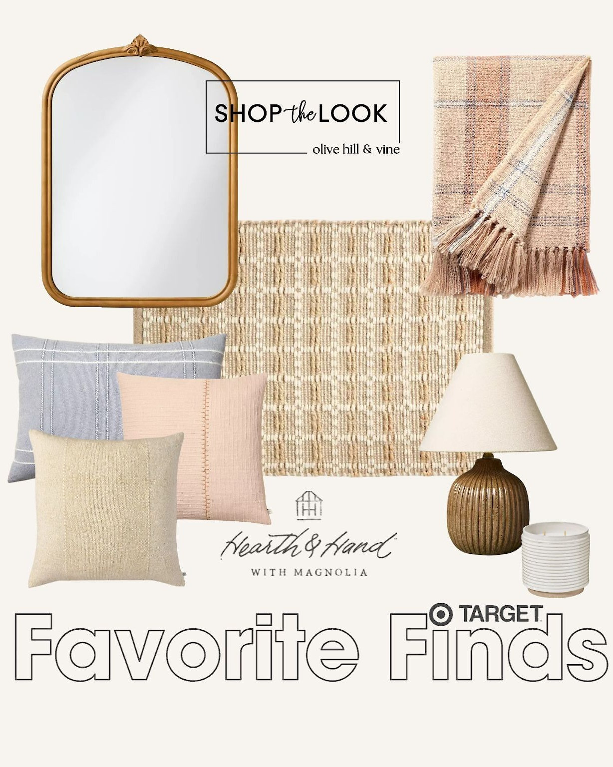 We’re loving this mix of warm textures and classic patterns from the Hearth & Hand with Magnolia collection. A carved wood wall mirror with botanical detailing, a handmade tan and cream area rug, ribbed ceramic lamp, cozy striped pillows, and a soft woven plaid throw—timeless charm in every piece!  

 

#LTKHome #LTKStyleTip #LTKFamily