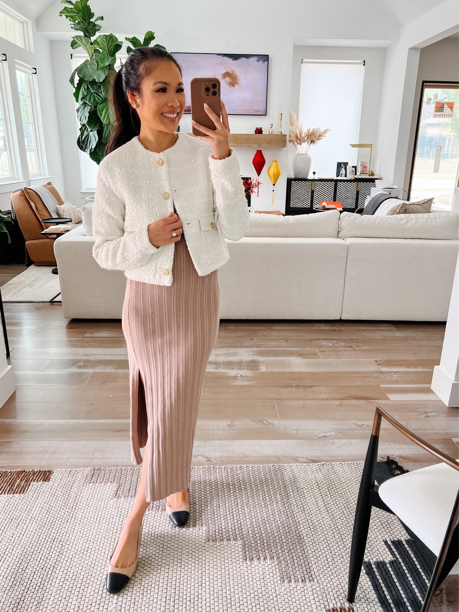 Winter outfit with midi sweater dress that is on sale for 50% off and collarless tweed jacket that is on sale for 20% off in select colors. Love this for workwear or date night! Can be dressed warmer with a coat, too. Fits TTS 

#LTKworkwear #LTKSeasonal #LTKstyletip