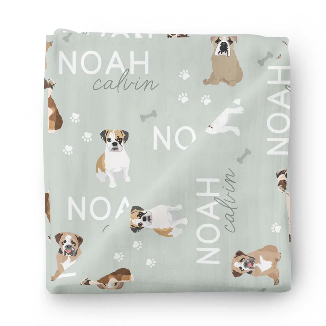 Personalized Baby Name Swaddle Blanket | English Bulldog | Caden Lane