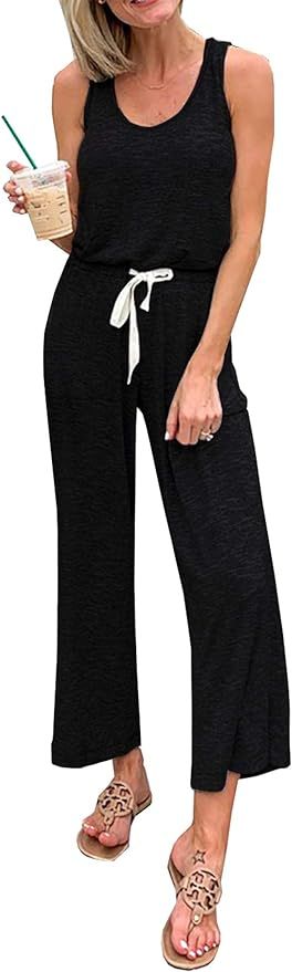 PRETTYGARDEN Women’s Casual Solid Sleeveless Jumpsuit Crewneck Drawstring Waist Stretchy Long P... | Amazon (US)