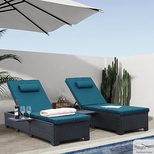 WAROOM Outdoor Chaise Lounge Chairs for Outside Patio Furniture Set of 2 Wicker Recliner Black Rattan Sunbathing Lounger Adjustable Backrest Pool Reclining Chair, Peacock Blue Cushion | Amazon (US)