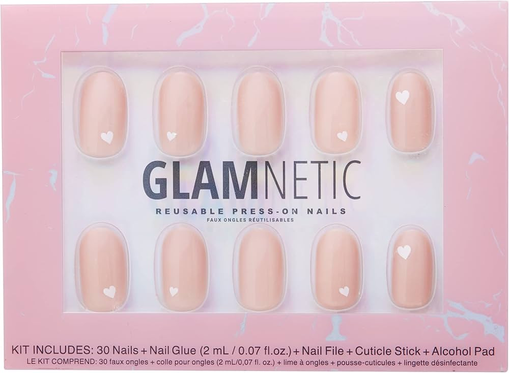 Glamnetic Press On Nails - Lots of Love | Glossy Finish Short Round Pink Nails with White Heart A... | Amazon (US)