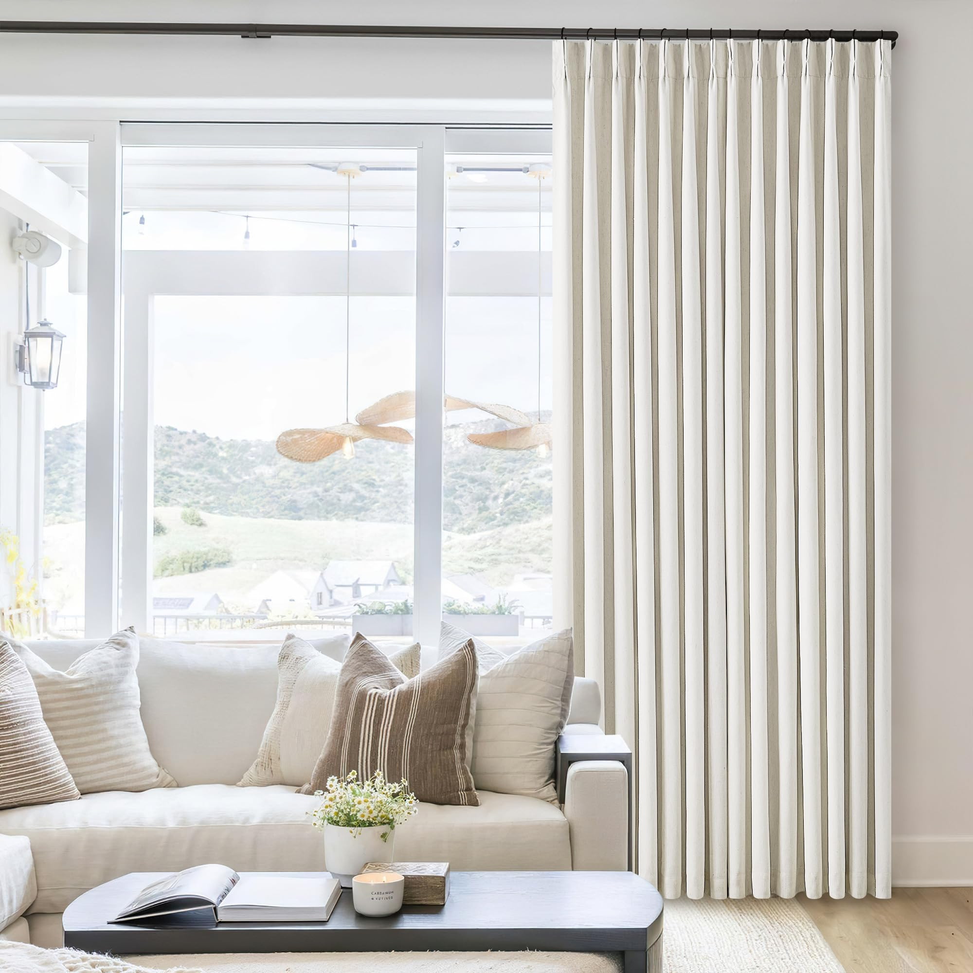 Natural Cream Linen Black Out Curtains 120 Inch Long for Living Room Bedroom 2 Panel Sets Room Darkening Pinch Pleated Back Tab Extra Long Blackout Curtains Boho Farmhouse Thermal Insulated Drapes | Amazon (US)