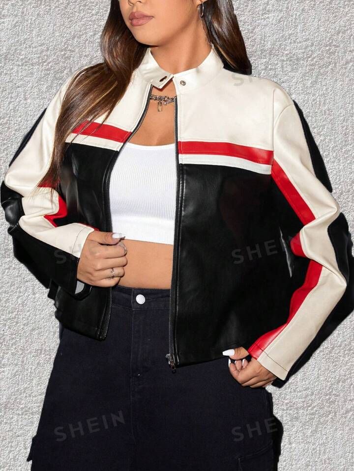 SHEIN EZwear Plus Colorblock Zip Up PU Leather Jacket | SHEIN